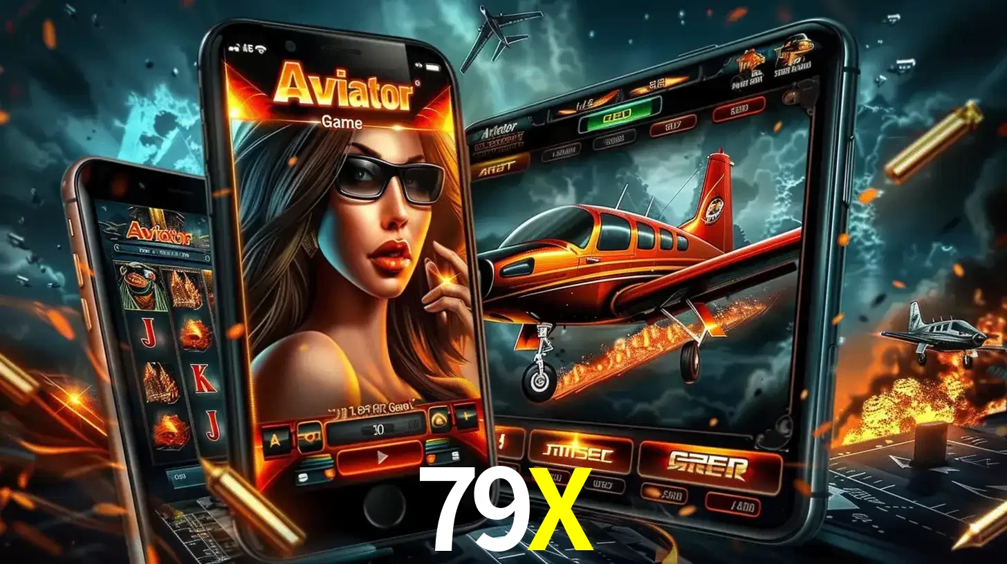 O popular jogo de apostas Aviator exibido em vários celulares e tablets, mostrando a interface emocionante e a ação de voo disponíveis para jogar agora no 79X.