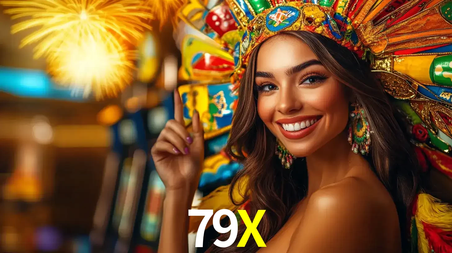 Mulher sorridente com um cocar de carnaval vibrante e colorido, celebrando uma grande vitória nos jogos do cassino 79X com fogos de artifício ao fundo.