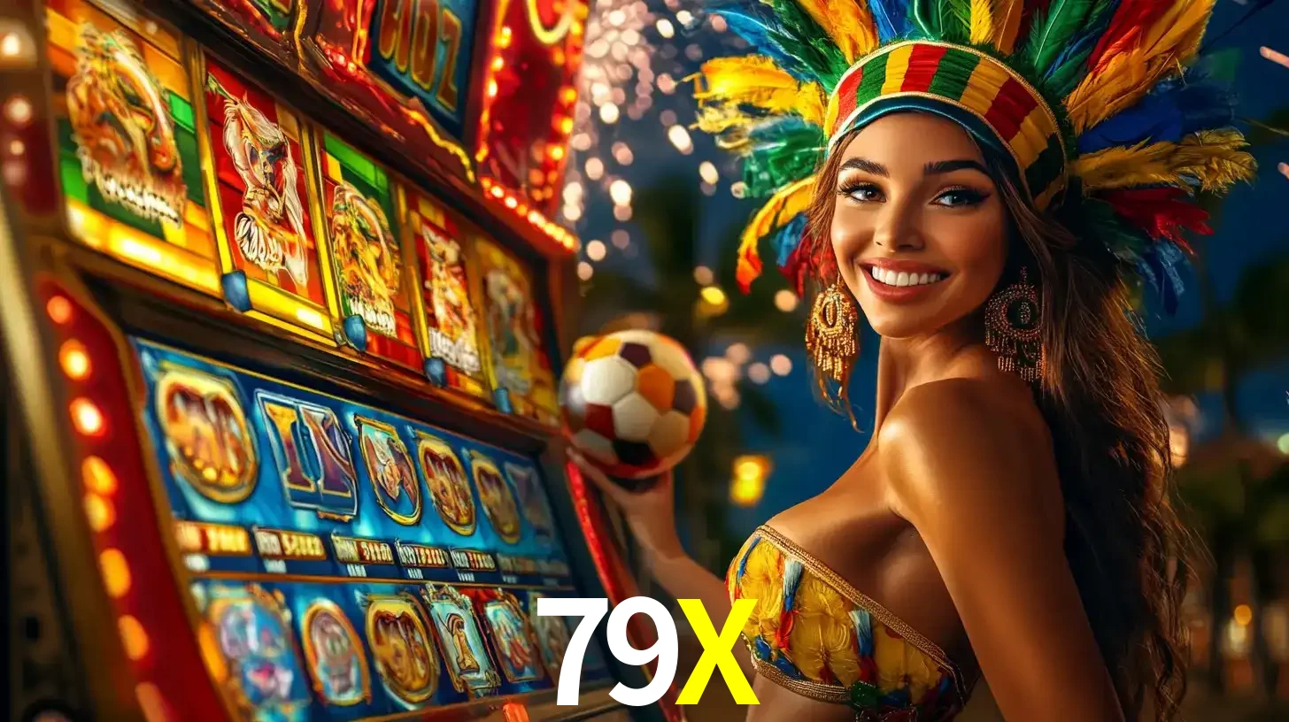 Mulher com um cocar de carnaval ao lado de uma máquina de caça-níqueis enquanto segura uma bola de futebol, mostrando a união da diversão de cassino e esportes no 79X.