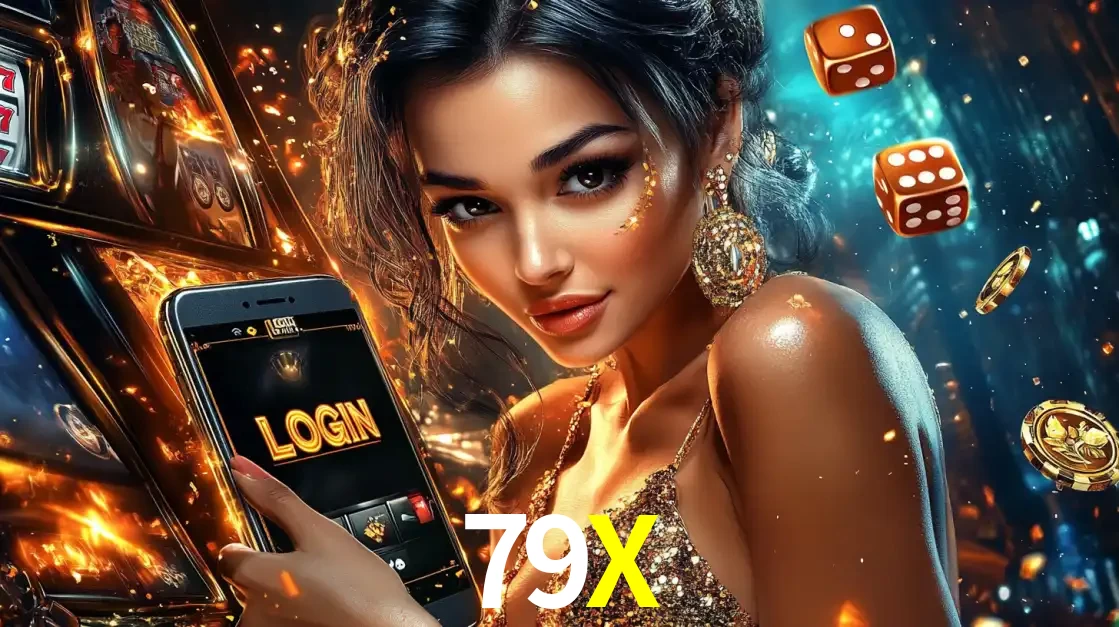 Mulher glamourosa segurando um celular com a tela de login do cassino 79X, rodeada por dados e moedas douradas, pronta para começar a diversão.