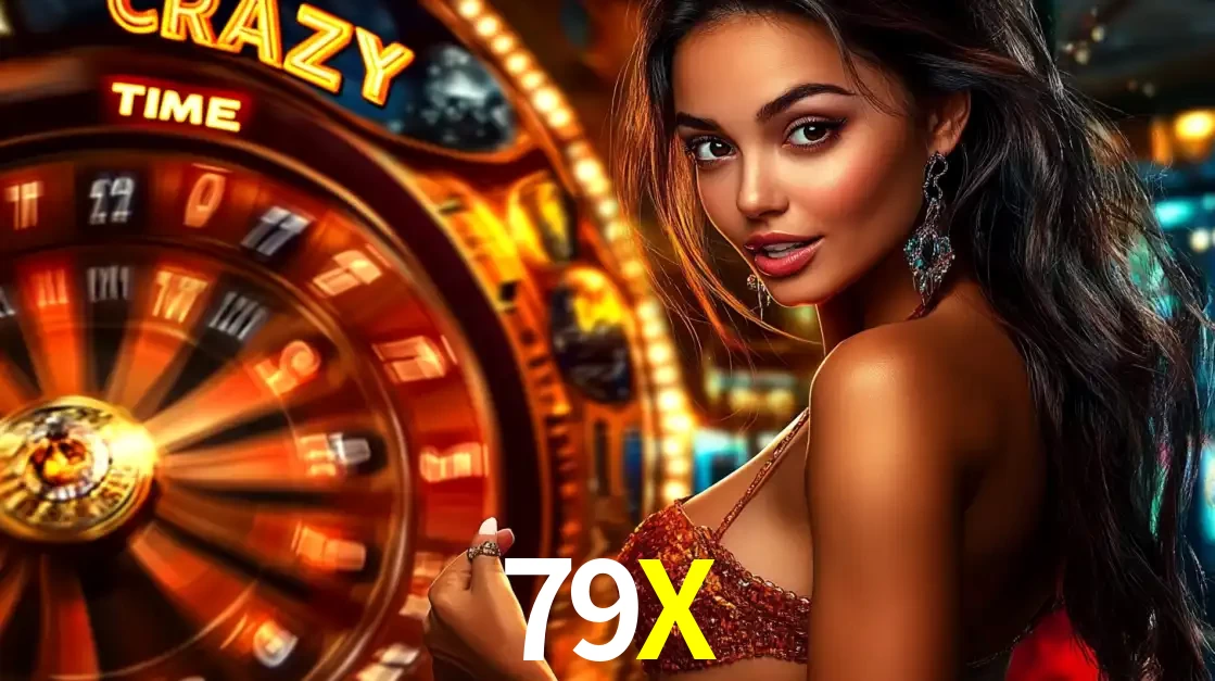 Mulher ao lado da roda de prêmios do jogo de cassino ao vivo Crazy Time, um dos shows de jogos mais emocionantes oferecidos pela plataforma de apostas 79X.