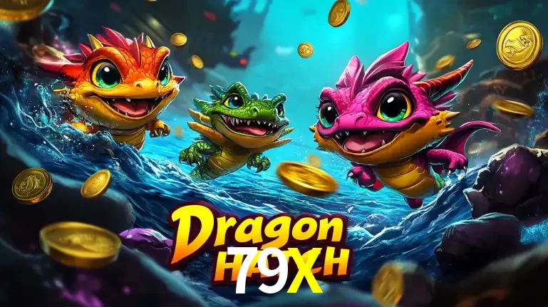 Arte promocional do jogo Dragon Hatch com três adoráveis dragões bebês nadando entre moedas de ouro, um dos slots mais divertidos para jogar no cassino 79X.