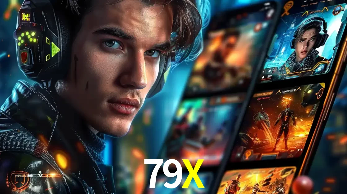 Jovem jogador com fones de ouvido olhando para a câmera, com um aplicativo de jogos e e-sports para celular ao fundo, pronto para a competição e apostas no 79X.