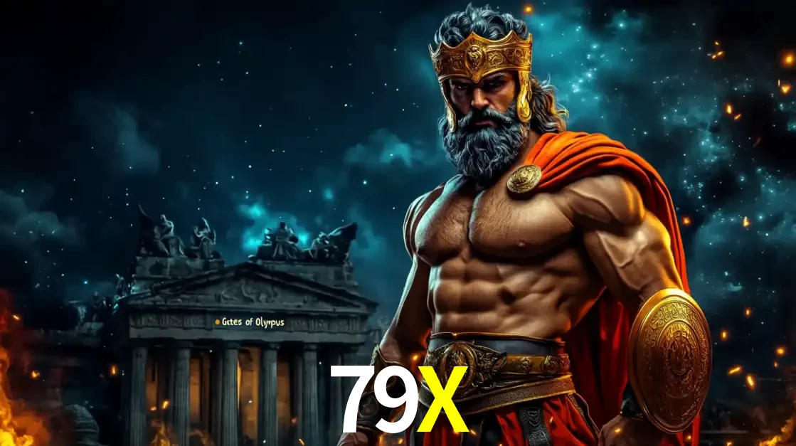 O poderoso Zeus do jogo de slot Gates of Olympus em frente ao seu templo, pronto para lançar multiplicadores divinos e prêmios épicos no cassino online 79X.