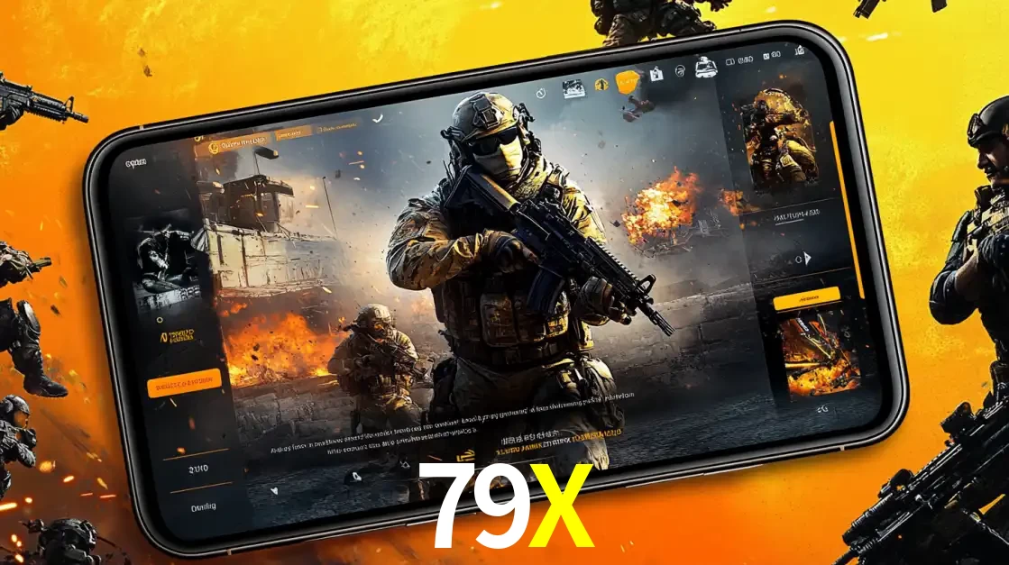 Um smartphone exibindo a interface de um jogo de tiro em primeira pessoa, com um soldado em um cenário de batalha, representando a ação dos e-sports para apostar no 79X.