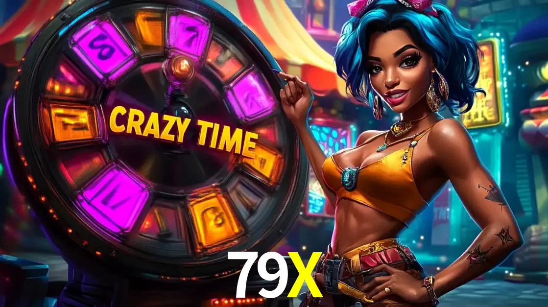 Mulher estilizada com cabelo azul e visual vibrante posando ao lado da roda de prêmios do game show Crazy Time, convidando para a diversão e os bônus do cassino 79X.