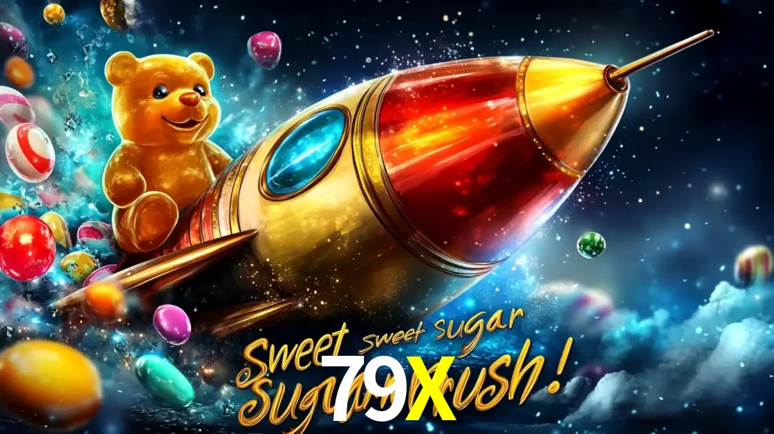 Arte promocional do jogo de slot Sugar Rush, com um urso de pelúcia em um foguete viajando pelo espaço de doces, um dos jogos divertidos disponíveis no cassino 79X.