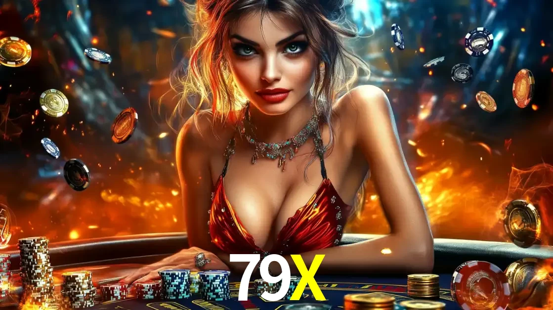 Mulher em uma mesa de cassino com pilhas de fichas e um fundo de fogo, pronta para uma rodada de altas apostas nos jogos de mesa emocionantes do cassino 79X.