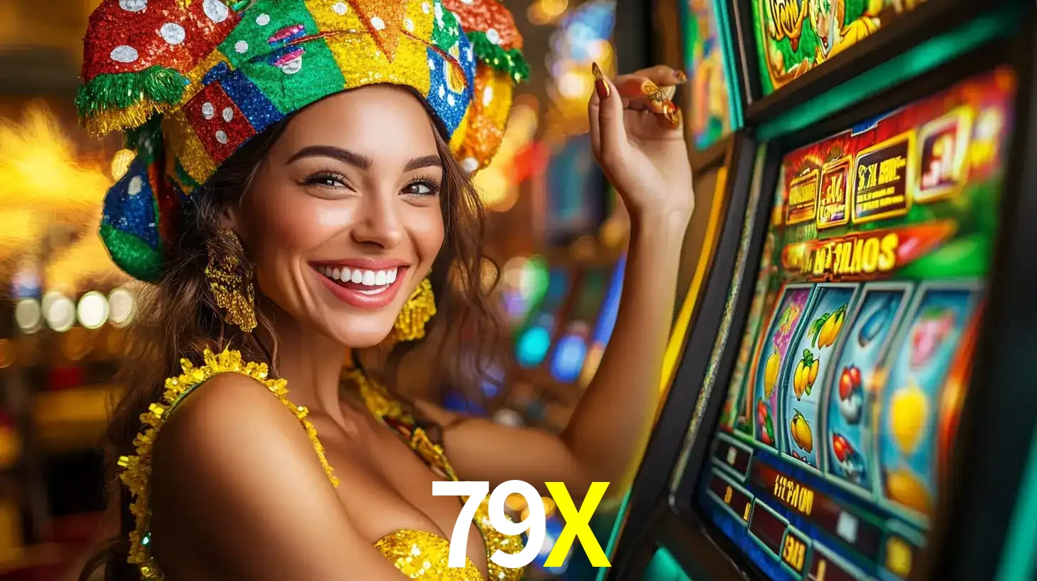 Mulher feliz com traje de carnaval amarelo e colorido ao lado de uma máquina de caça-níqueis, aproveitando a diversão e os jogos temáticos do cassino 79X.