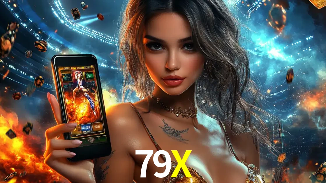 Mulher segurando um celular com um jogo de slot em destaque, tendo como fundo um estádio vibrante, simbolizando a emoção de jogar no cassino móvel 79X.